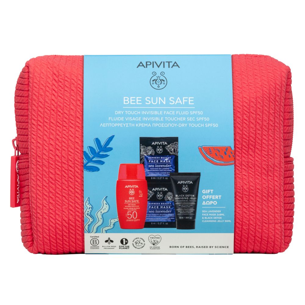 Apivita Set Fluido Viso Dry Touch - SPF 50 + Maschera Viso Idratante e Anti-inquinamento + Black Detox Cleansing Jelly con Pochette in Regalo