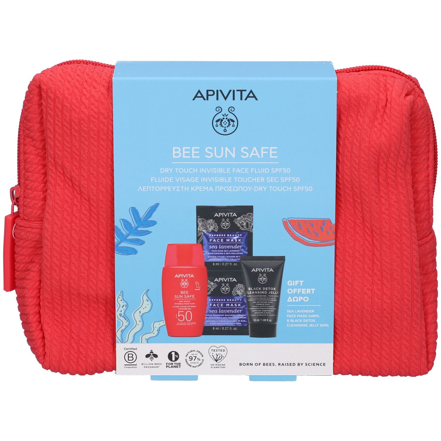 Pochette rossa con prodotti. Scritta: Apivita, Bee Sun Safe, Dry Touch Fluid SPF50. Contiene: crema solare, maschere, gel detergente.