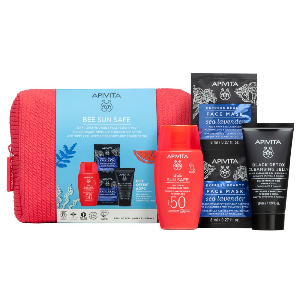Pochette rossa con prodotti. Contiene: crema solare SPF50, maschere viso, gel detergente. Scritta: Apivita, Bee Sun Safe.