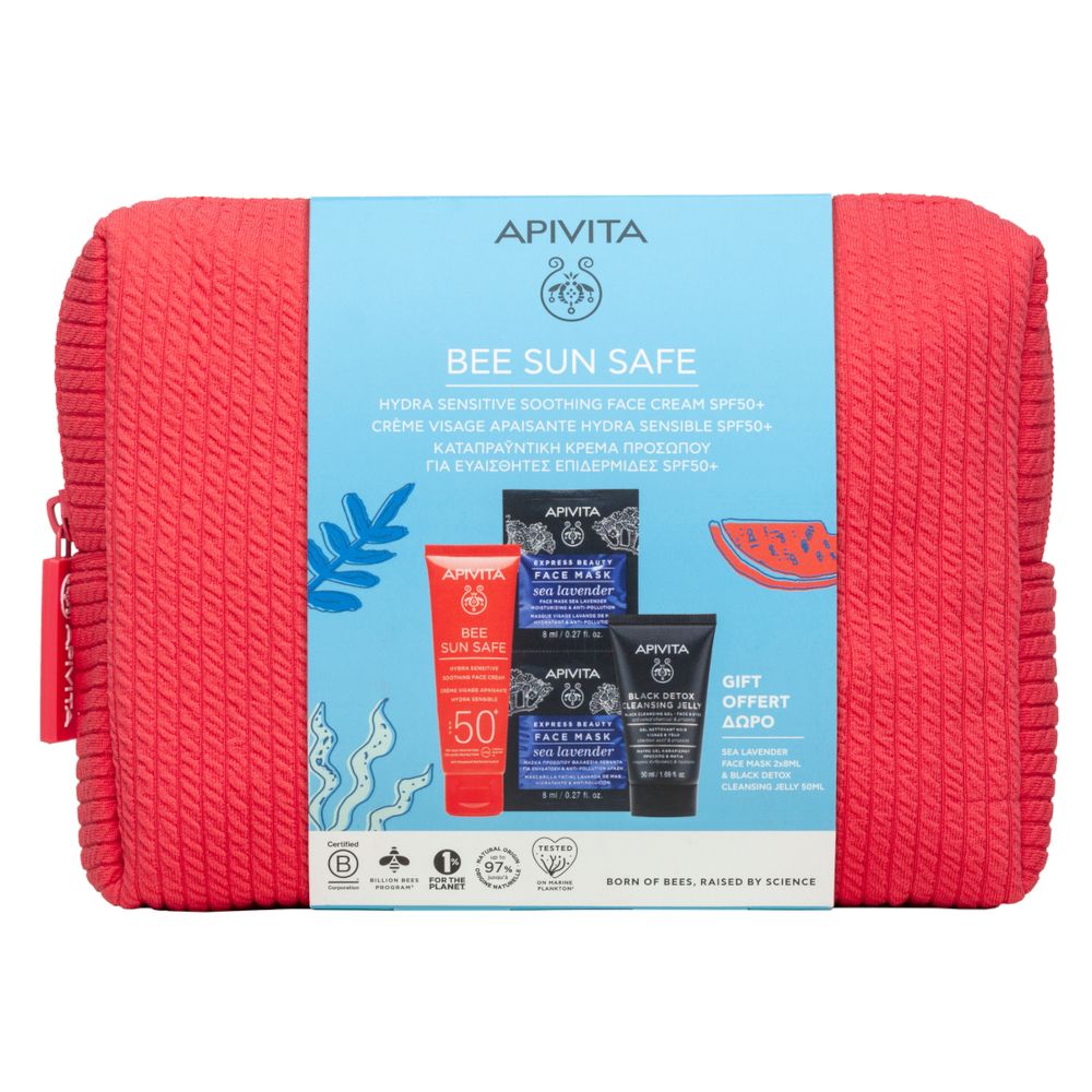 Apivita Set Crema Viso Lenitiva Hydra Sensitive Pelli Sensibili SPF50+ + Maschera Viso Idratante e Anti-inquinamento + Black Detox Cleansing Jelly con Pochette in Regalo