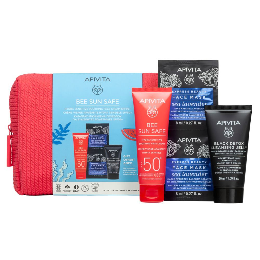 Apivita Set Crema Viso Lenitiva Hydra Sensitive Pelli Sensibili SPF50+ + Maschera Viso Idratante e Anti-inquinamento + Black Detox Cleansing Jelly con Pochette in Regalo