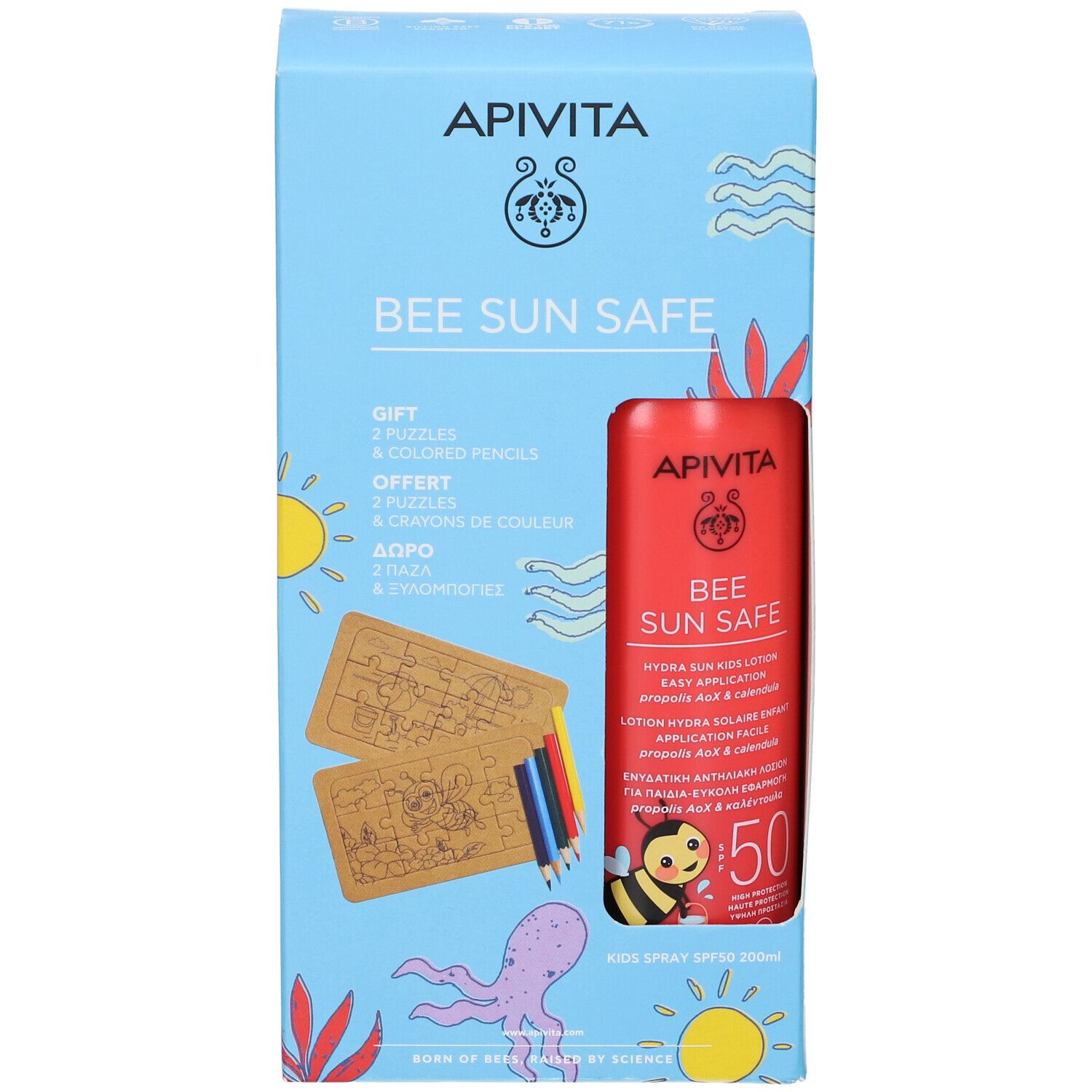 Apivita BEE SUN SAFE Lozione Spray Hydra Sun Bambino SPF50 con 2 Puzzle e Matite in Regalo
