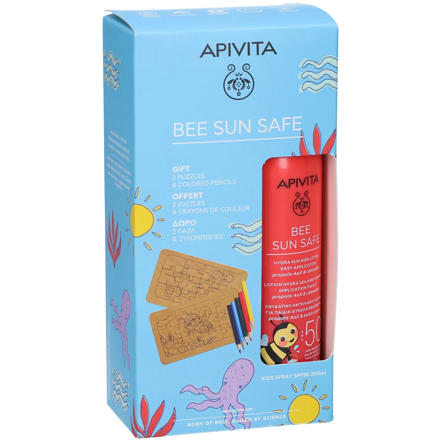 Apivita BEE SUN SAFE Lozione Spray Hydra Sun Bambino SPF50 con 2 Puzzle e Matite in Regalo