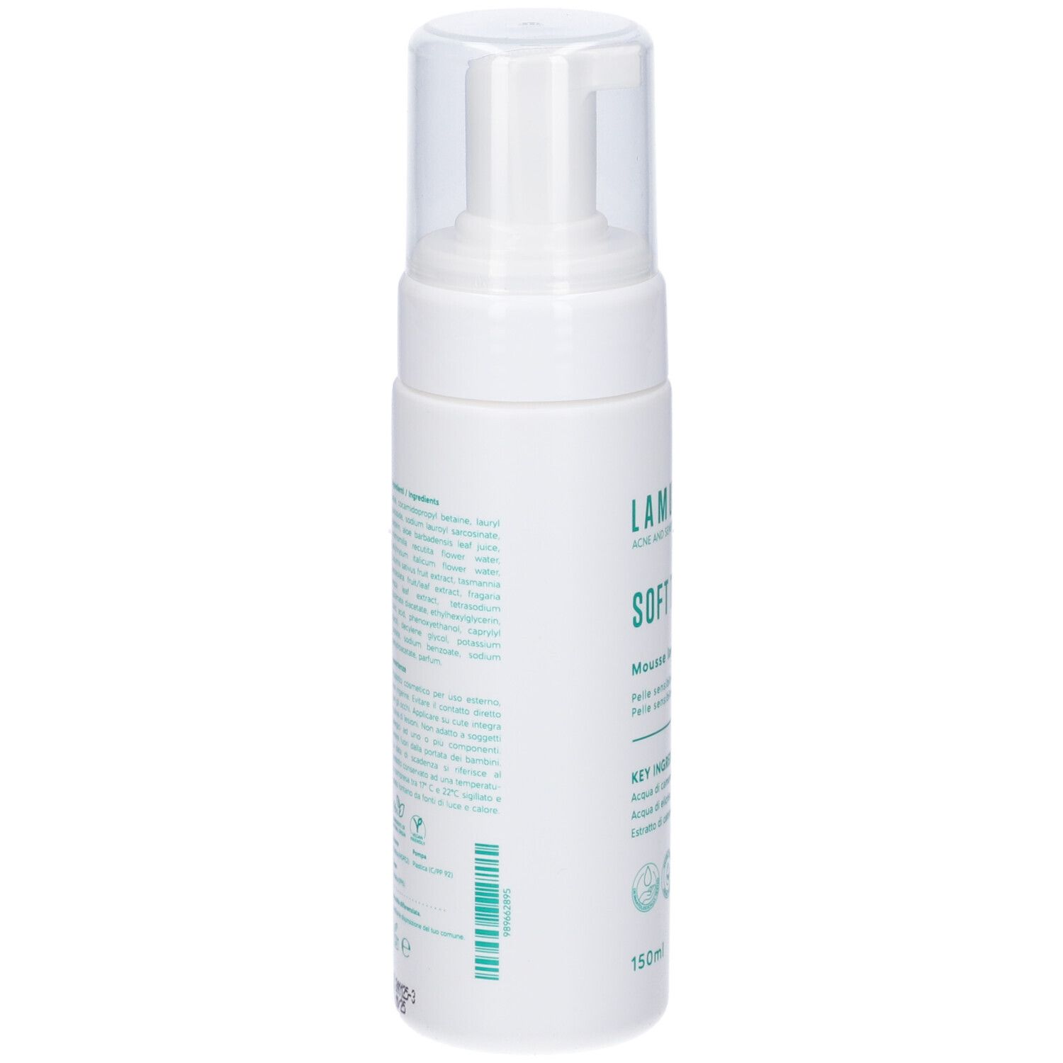 Flacone bianco con tappo trasparente. Testo sul retro. Marchi verdi e blu. 150ml.