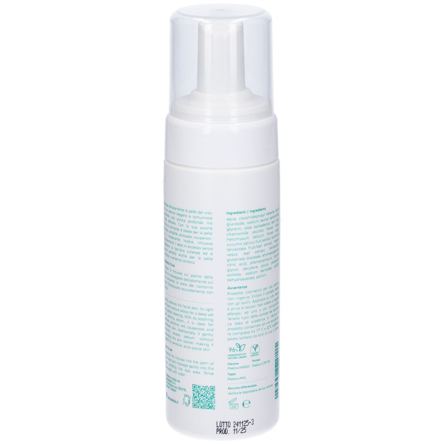 Flacone bianco con tappo trasparente. Testo sul retro. Marchi verdi e blu. Data di produzione.