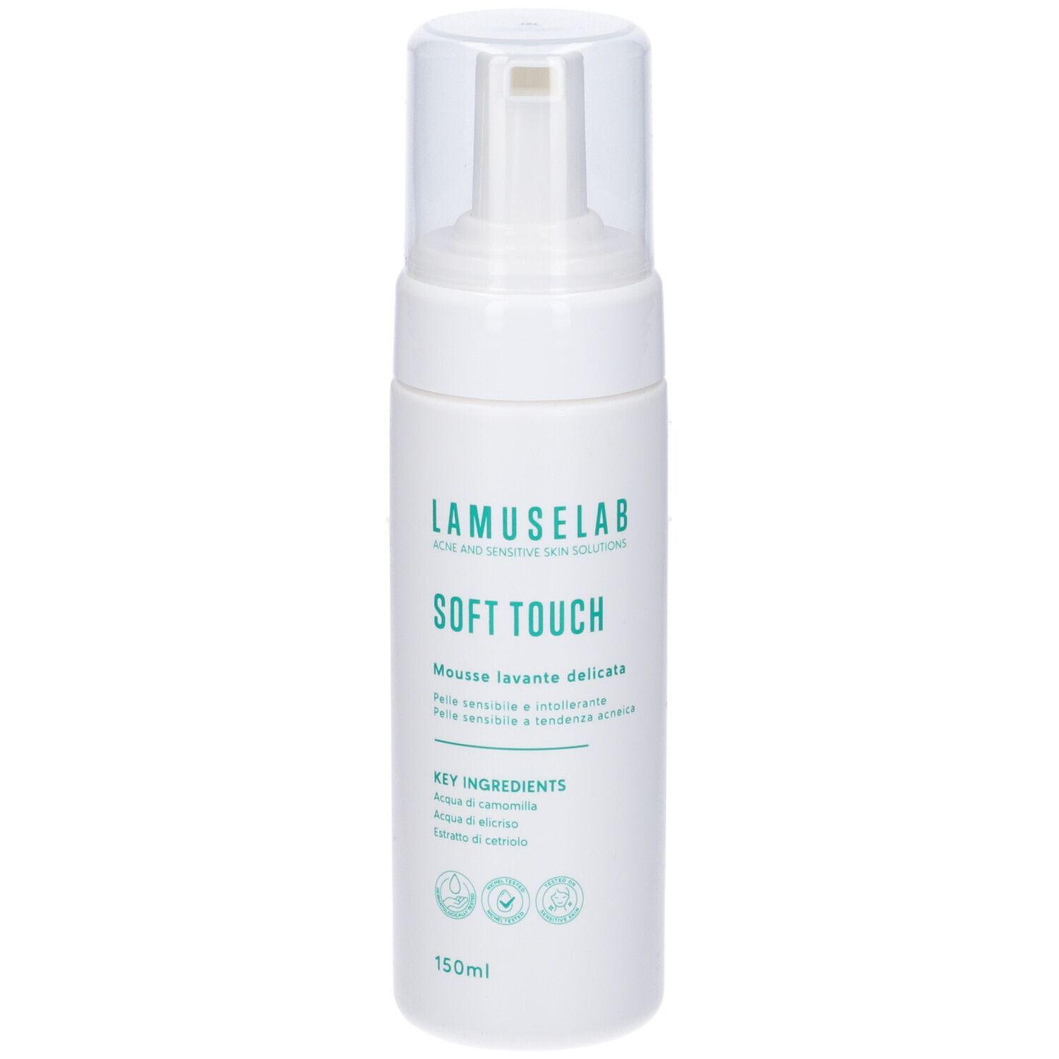 Flacone bianco con tappo trasparente. Scritta: Lamuselab Soft Touch Mousse Lavante Delicata. Contiene estratto di camomilla. 150ml.