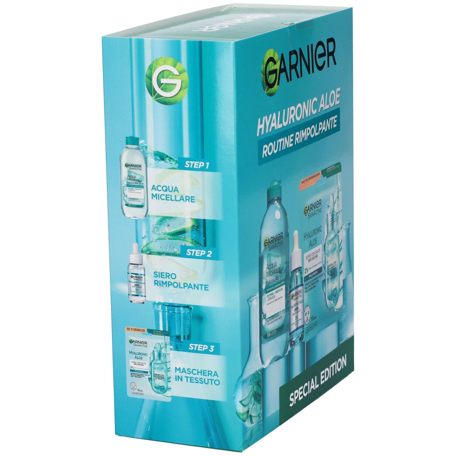 Set Garnier Hyaluronic Aloe. Confezione con prodotti per la cura del viso. 3 step: detergere, trattare, boost. Scritta: 'Special Edition'.