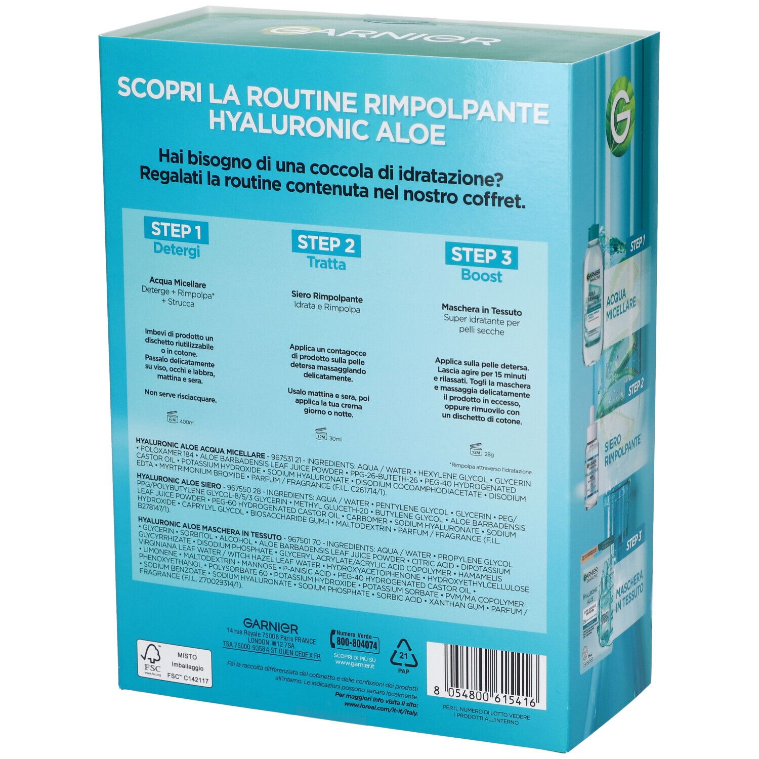 Retro del set Garnier Hyaluronic Aloe. Ingredienti e istruzioni per l'uso. Testo: 'Scopri la routine rimpolpante Hyaluronic Aloe'.