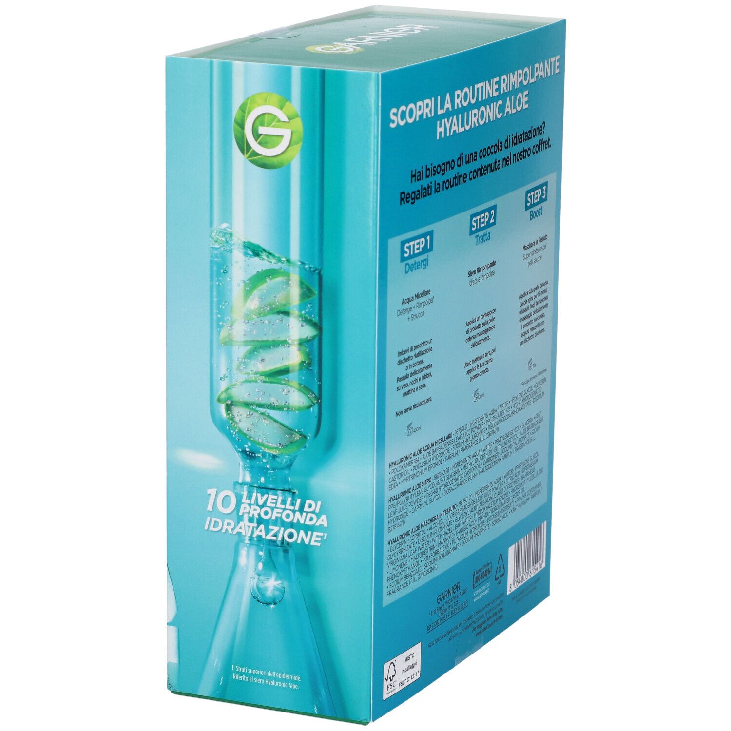 Set Garnier Hyaluronic Aloe. Testo: 'Scopri la routine rimpolpante Hyaluronic Aloe'. 10 livelli di idratazione profonda.