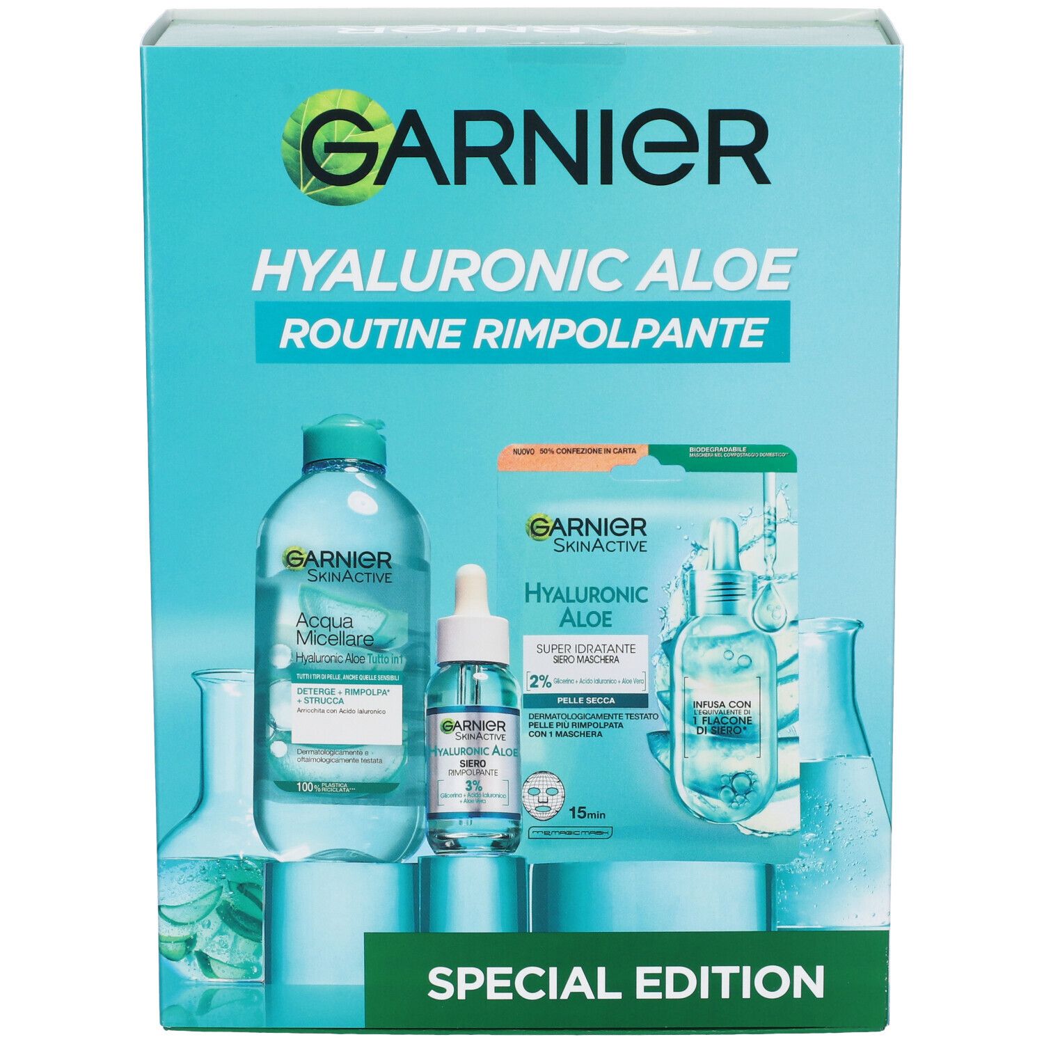 Set Garnier Hyaluronic Aloe. Confezione con prodotti per la cura del viso: bottiglie, siero, maschera. Scritta: 'Special Edition'.