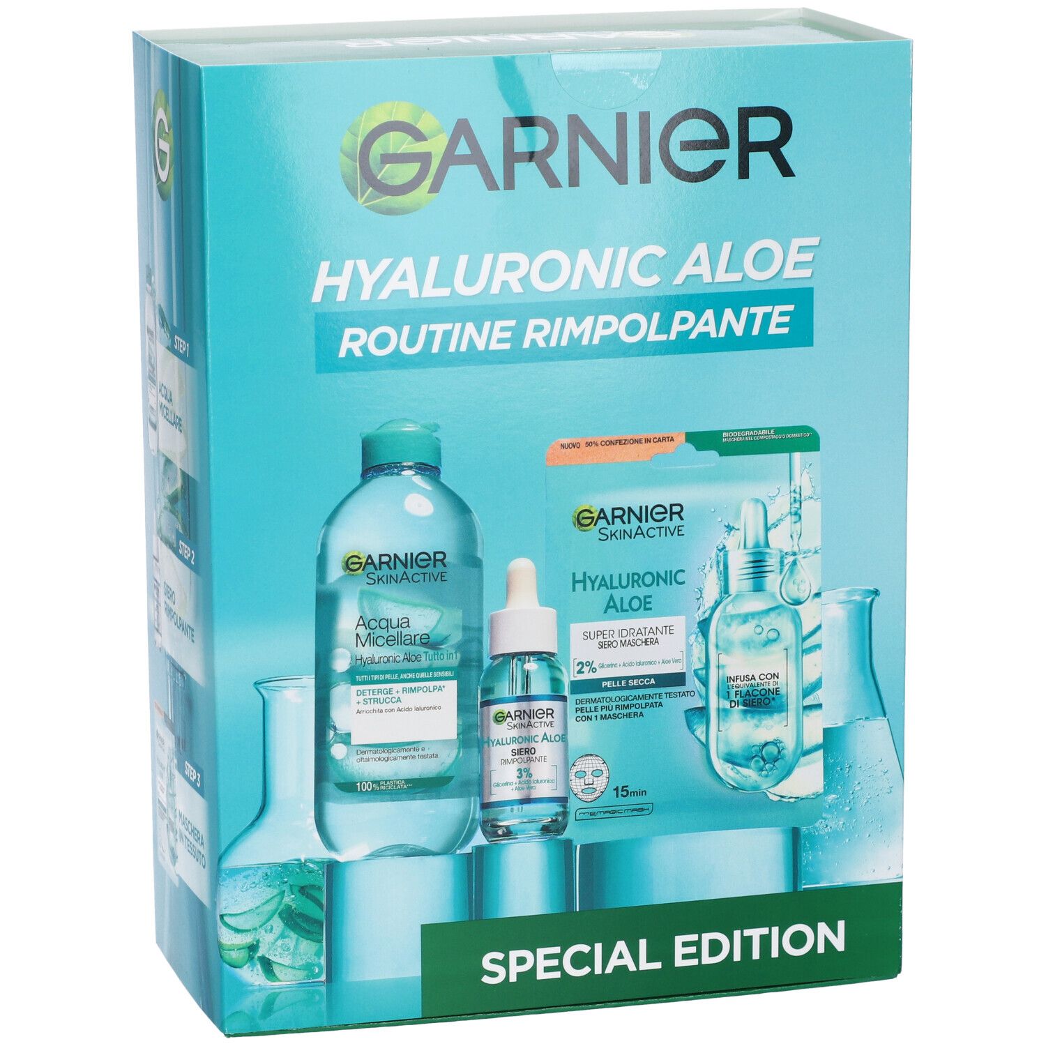 Set Garnier Hyaluronic Aloe. Confezione con prodotti per la cura del viso: bottiglie, siero, maschera. Scritta: 'Special Edition'.