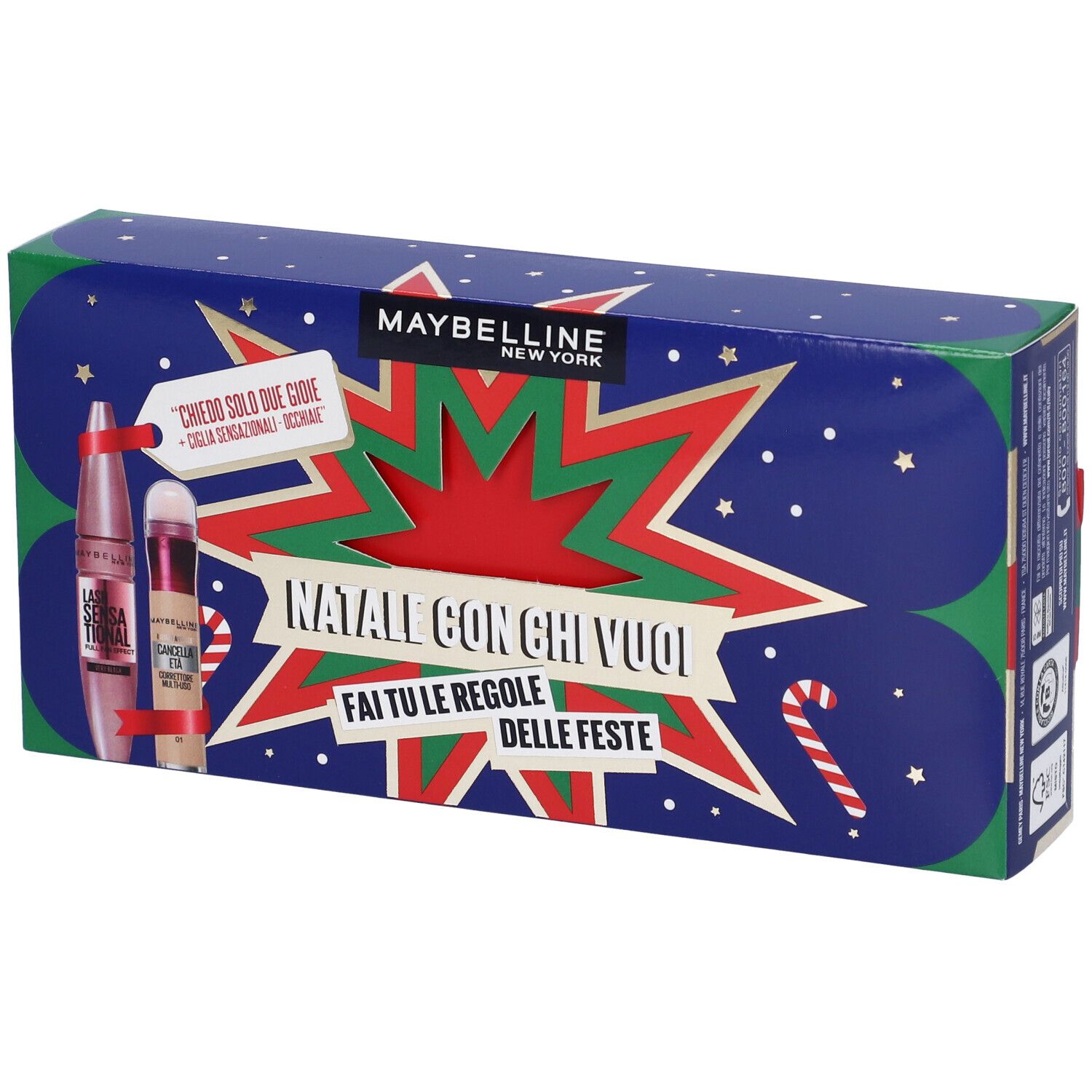Maybelline New York Set Mascara Volumizzante Ciglia Sensazionali Tonalitá Very Black + Il Cancella Età Correttore Multiuso Tonalitá 01 Light con Scatola in Latta in Regalo