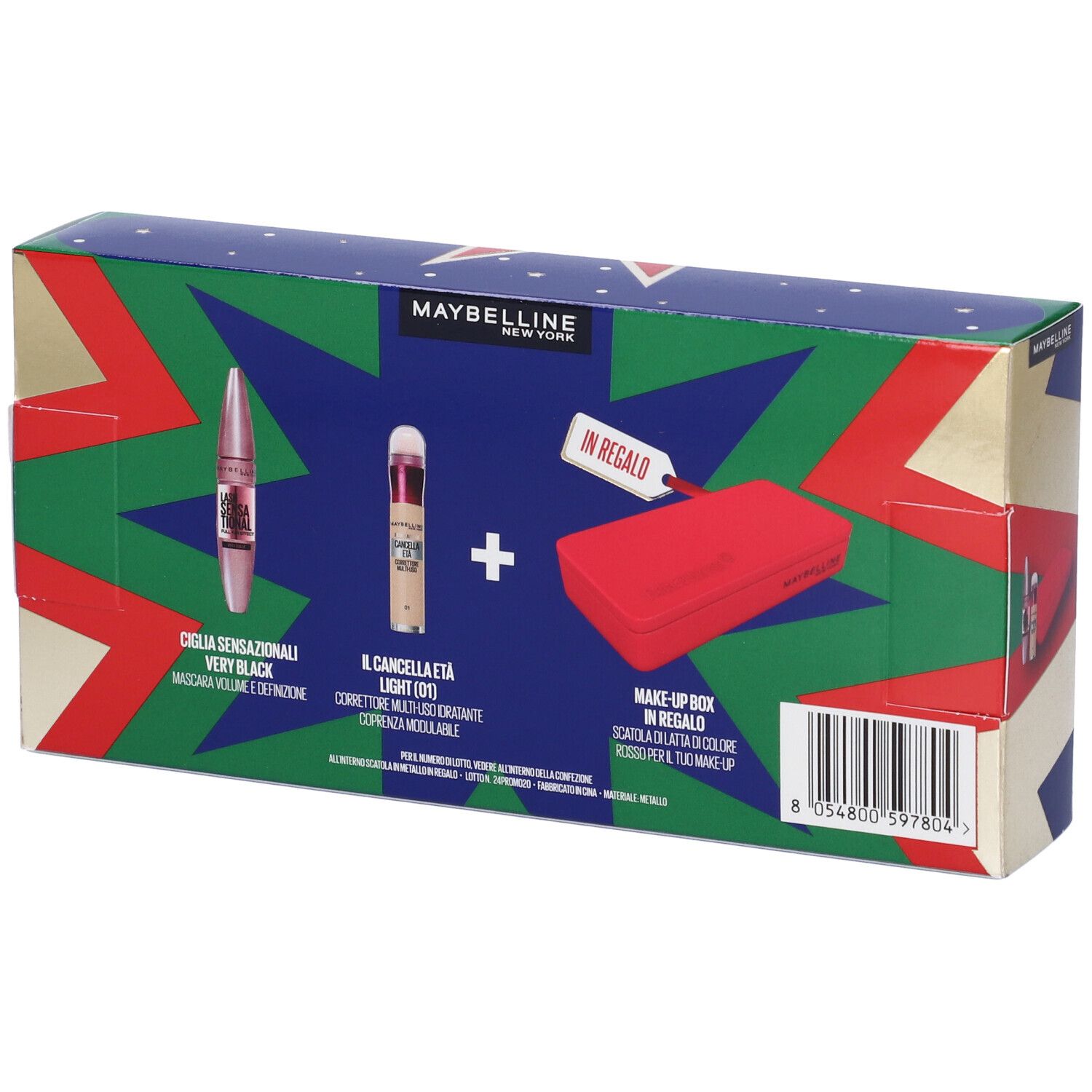 Maybelline New York Set Mascara Volumizzante Ciglia Sensazionali Tonalitá Very Black + Il Cancella Età Correttore Multiuso Tonalitá 01 Light con Scatola in Latta in Regalo