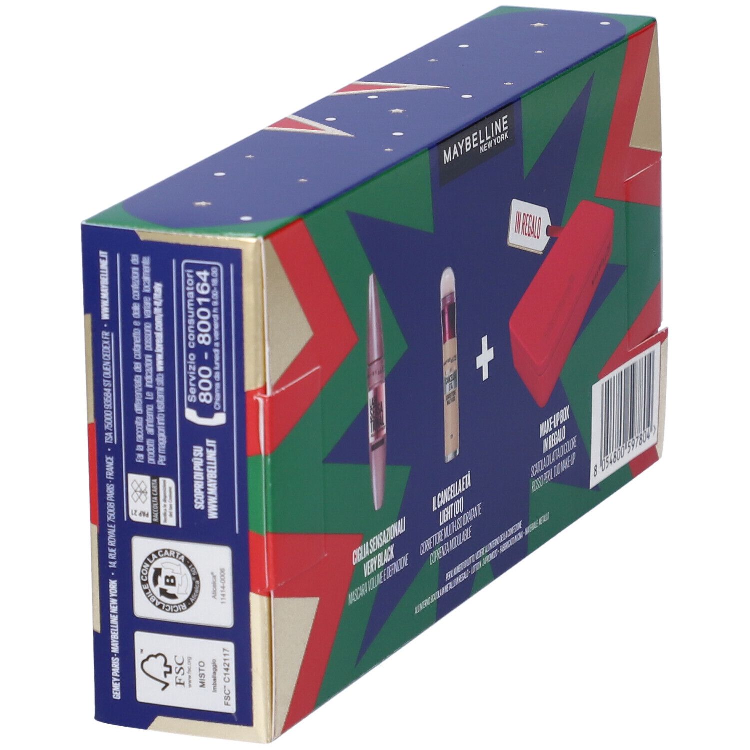 Maybelline New York Set Mascara Volumizzante Ciglia Sensazionali Tonalitá Very Black + Il Cancella Età Correttore Multiuso Tonalitá 01 Light con Scatola in Latta in Regalo