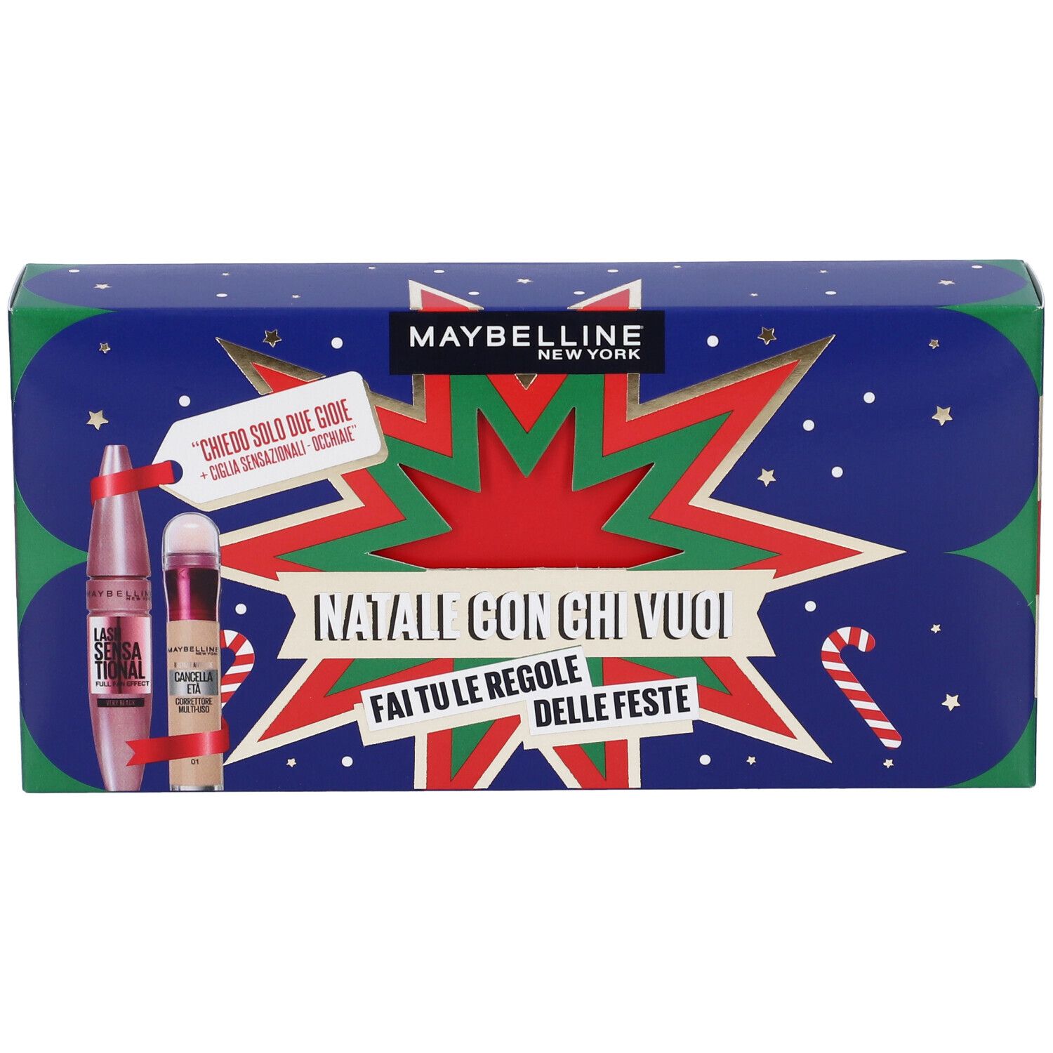 Maybelline New York Set Mascara Volumizzante Ciglia Sensazionali Tonalitá Very Black + Il Cancella Età Correttore Multiuso Tonalitá 01 Light con Scatola in Latta in Regalo