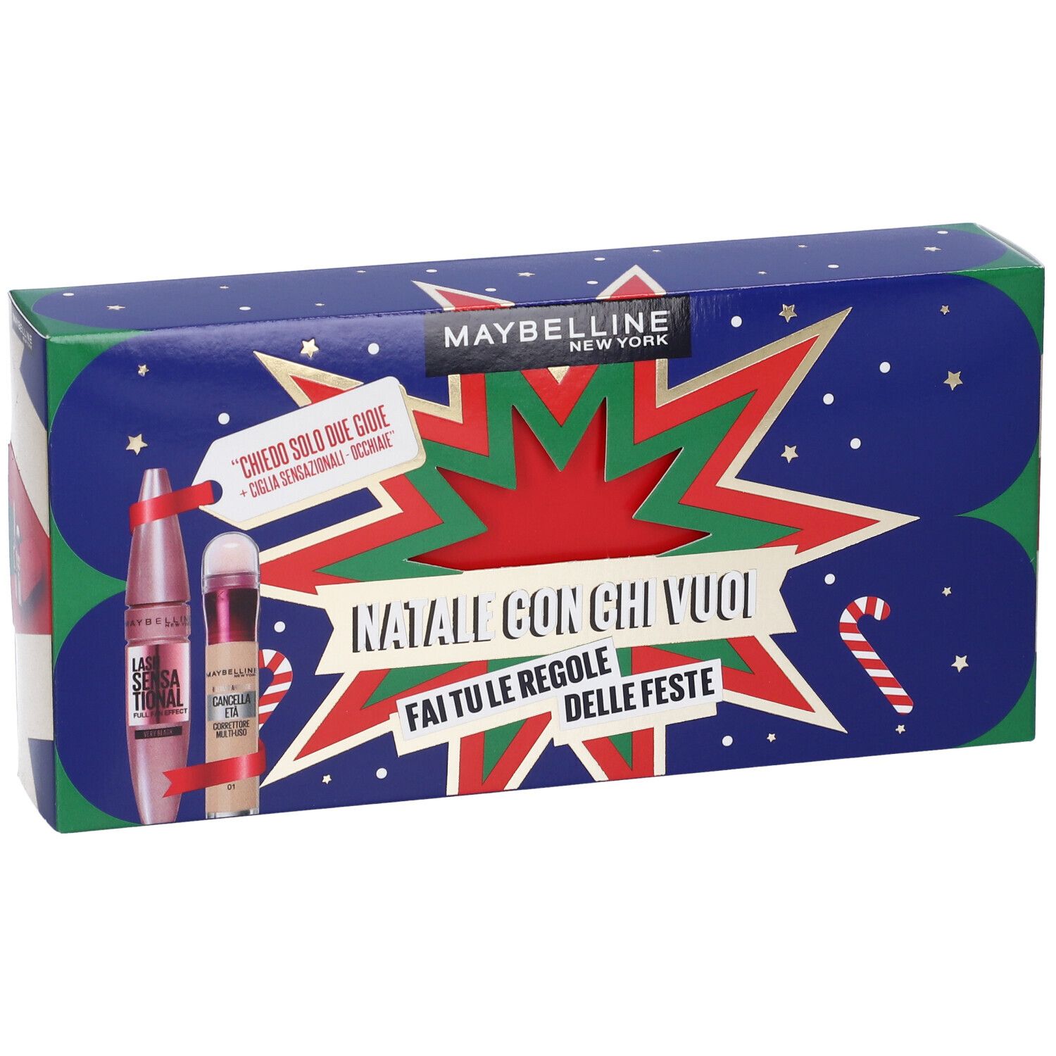 Maybelline New York Set Mascara Volumizzante Ciglia Sensazionali Tonalitá Very Black + Il Cancella Età Correttore Multiuso Tonalitá 01 Light con Scatola in Latta in Regalo
