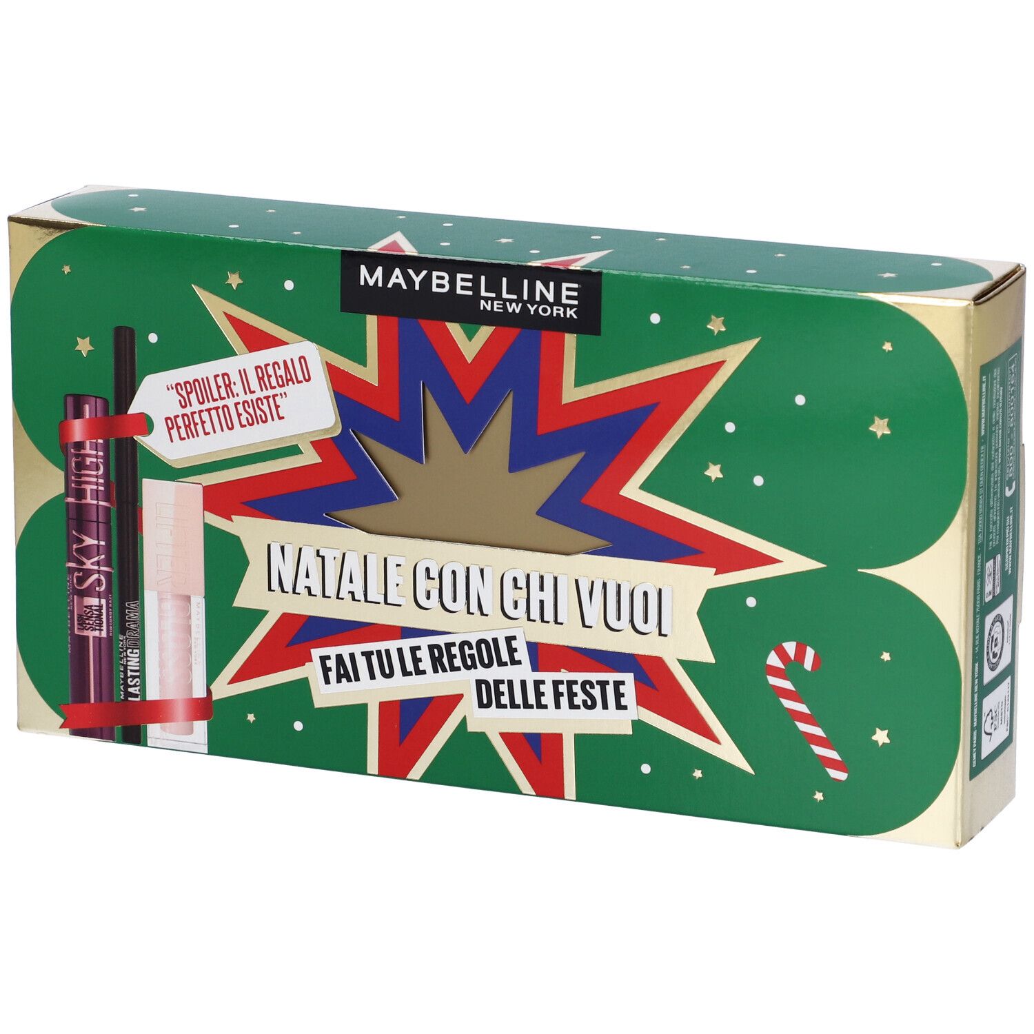 Maybelline New York Set Mascara Ciglia Sensazionali Sky High Burgundy Haze + Matita Occhi Lasting Drama Tonalitá Brown Sugar + Lifter Gloss Tonalitá 002 Ice con Scatola in Latta in Regalo
