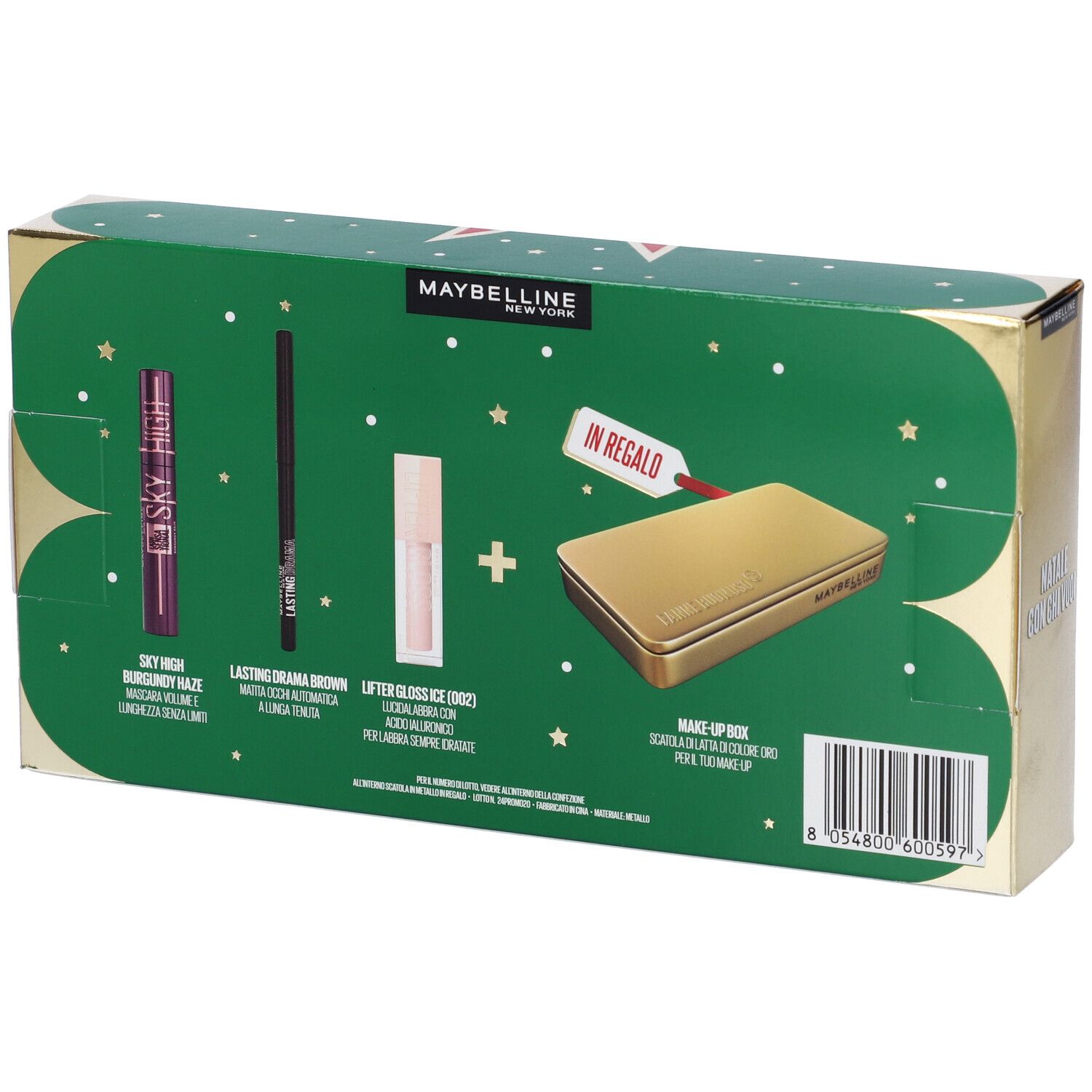 Maybelline New York Set Mascara Ciglia Sensazionali Sky High Burgundy Haze + Matita Occhi Lasting Drama Tonalitá Brown Sugar + Lifter Gloss Tonalitá 002 Ice con Scatola in Latta in Regalo
