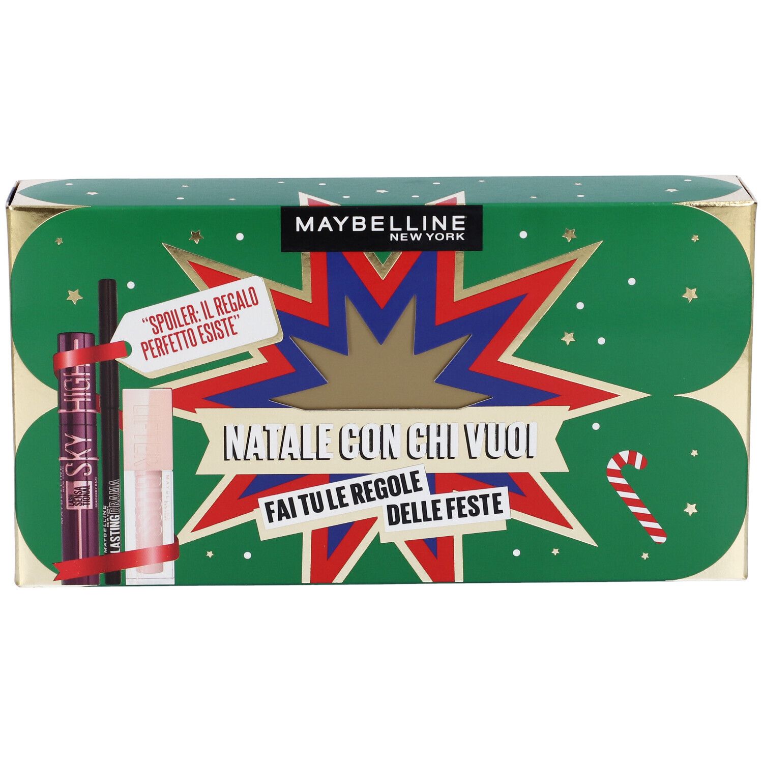 Maybelline New York Set Mascara Ciglia Sensazionali Sky High Burgundy Haze + Matita Occhi Lasting Drama Tonalitá Brown Sugar + Lifter Gloss Tonalitá 002 Ice con Scatola in Latta in Regalo