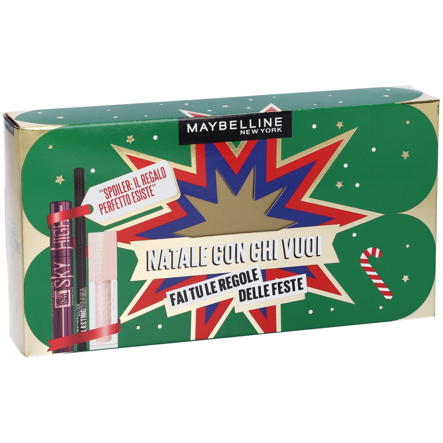 Maybelline New York Set Mascara Ciglia Sensazionali Sky High Burgundy Haze + Matita Occhi Lasting Drama Tonalitá Brown Sugar + Lifter Gloss Tonalitá 002 Ice con Scatola in Latta in Regalo