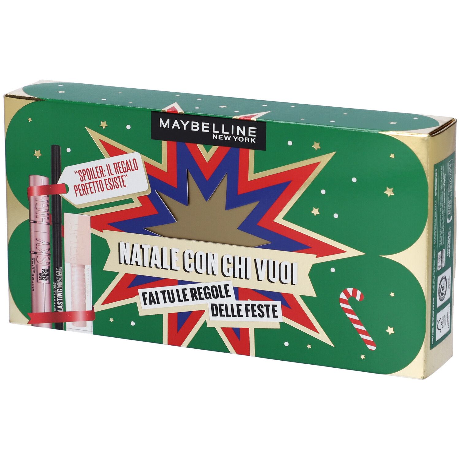 Maybelline New York Set Mascara Ciglia Sensazionali Sky High Tonalità Black + Matita Occhi Lasting Drama Tonalità Black Out Drama + Lifter Gloss Tonalità 002 Ice con Scatola in Latta in Regalo