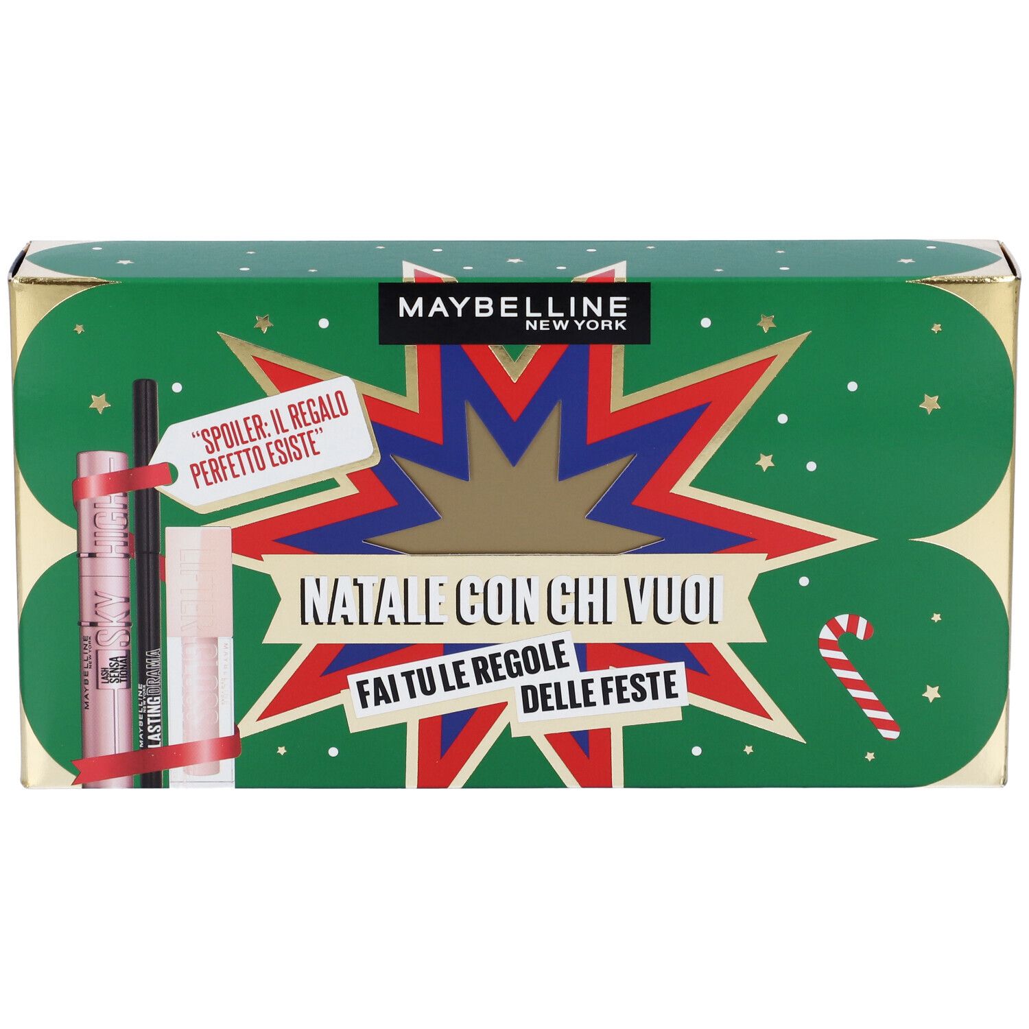Maybelline New York Set Mascara Ciglia Sensazionali Sky High Tonalità Black + Matita Occhi Lasting Drama Tonalità Black Out Drama + Lifter Gloss Tonalità 002 Ice con Scatola in Latta in Regalo
