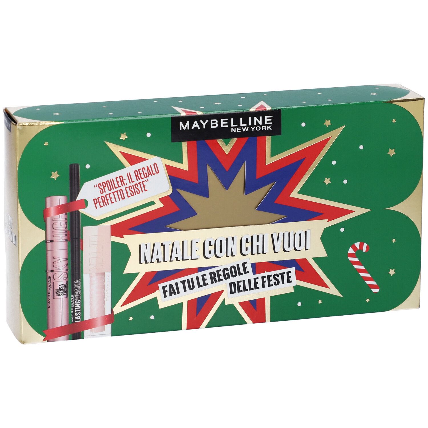 Maybelline New York Set Mascara Ciglia Sensazionali Sky High Tonalità Black + Matita Occhi Lasting Drama Tonalità Black Out Drama + Lifter Gloss Tonalità 002 Ice con Scatola in Latta in Regalo