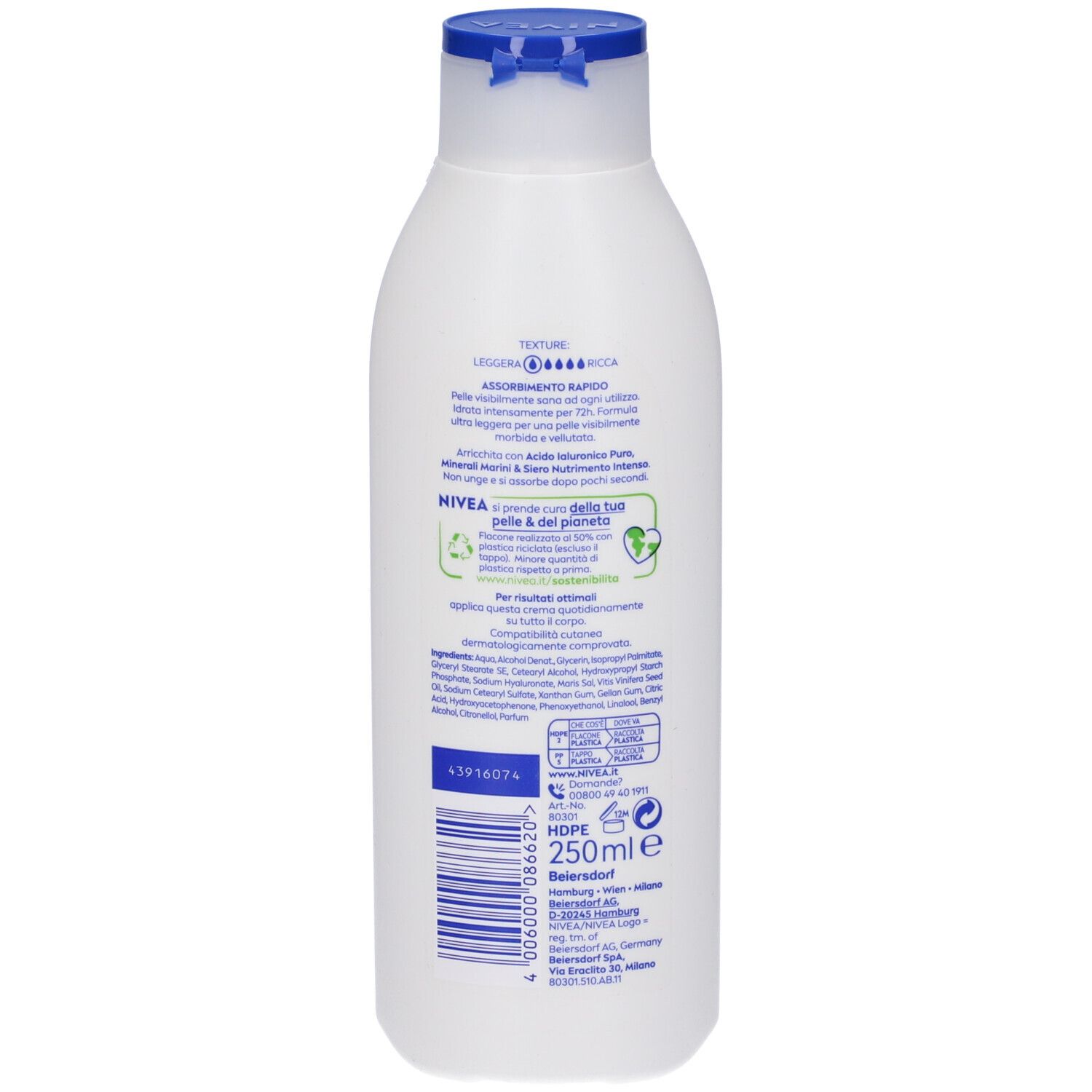 Nivea Crema Corpo Idratante Express 250 ml, Crema corpo idratante 72 ore per pelle normale e secca
