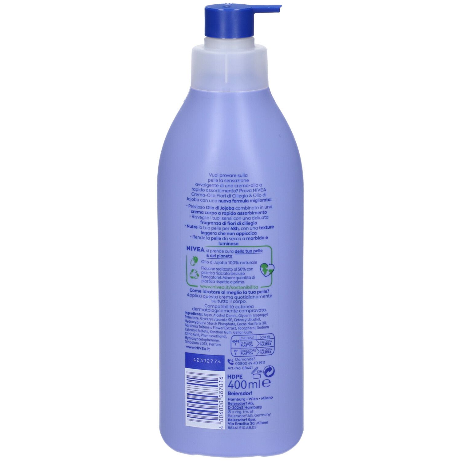 Nivea Crema-Olio Fiori di Ciliegio & Olio di Jojoba 400 ml, Crema corpo idratante 48h e profumata