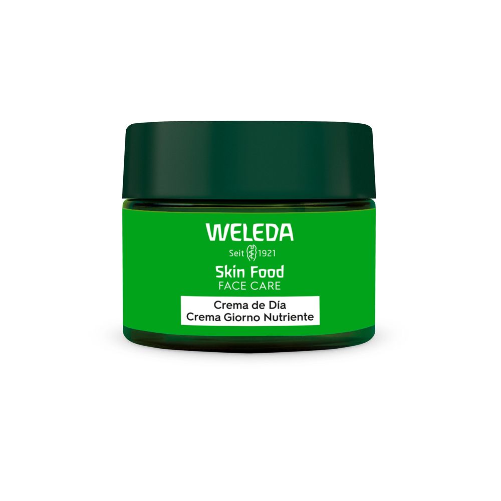 Vaso verde con crema. Scritta: WELEDA, Skin Food, Face Care, Crema de Día, Crema Giorno Nutriente.