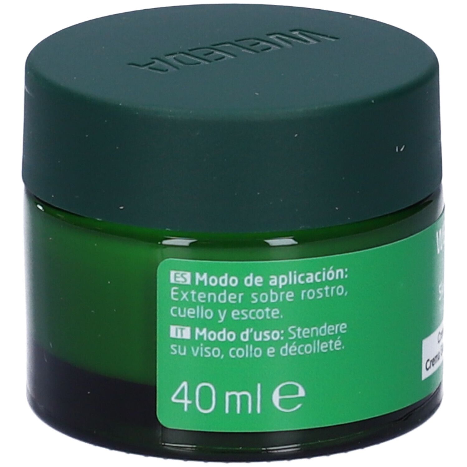 Vaso verde con crema. Scritta: WELEDA, Skin Food, Face Care, Crema de Día, Crema Giorno Nutriente. 40 ml.