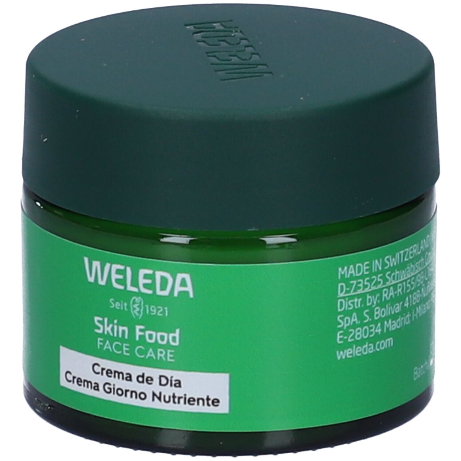 Vaso verde con crema. Scritta: WELEDA, Skin Food, Face Care, Crema de Día, Crema Giorno Nutriente.