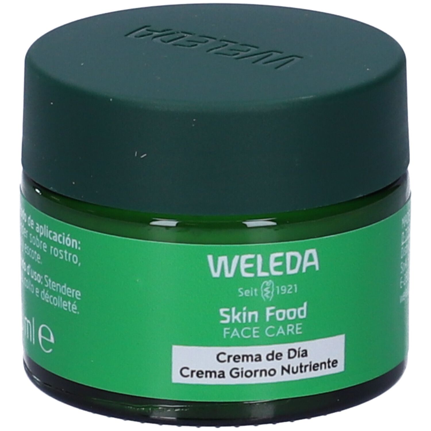 Vaso verde con crema. Scritta: WELEDA, Skin Food, Face Care, Crema de Día, Crema Giorno Nutriente. 40 ml.