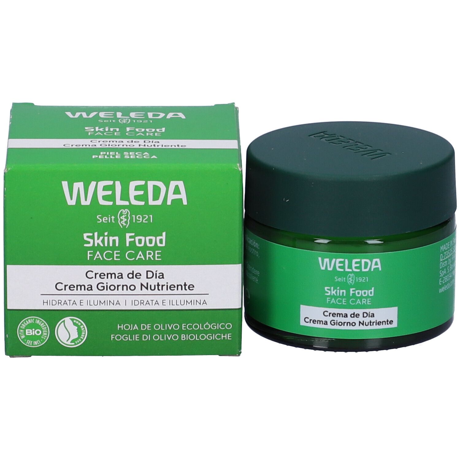 Prodotto e confezione. Scritta: WELEDA, Skin Food, Face Care, Crema de Día, Crema Giorno Nutriente. Sigillo bio.