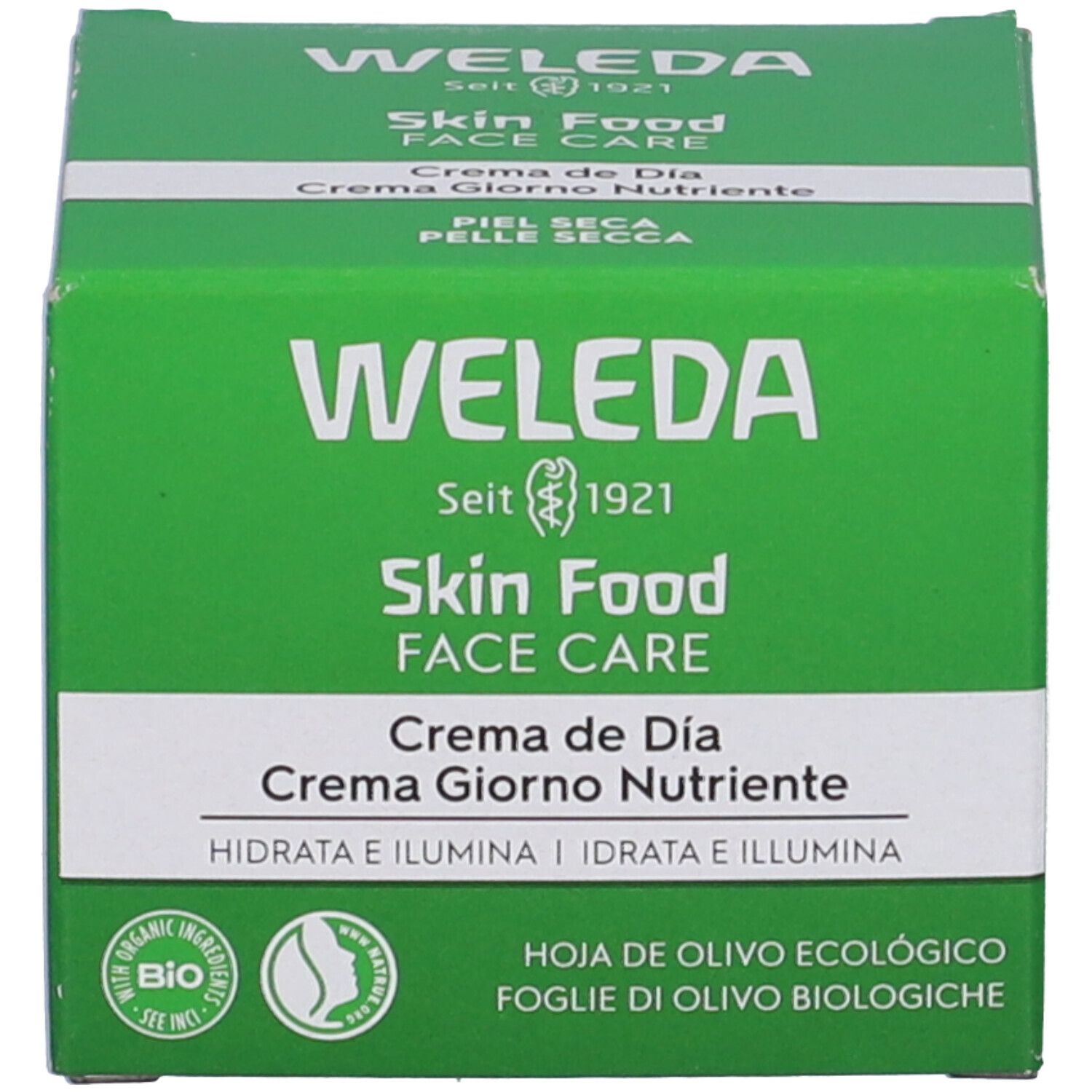 Confezione. Scritta: WELEDA, Skin Food, Face Care, Crema de Día, Crema Giorno Nutriente. Sigillo bio.