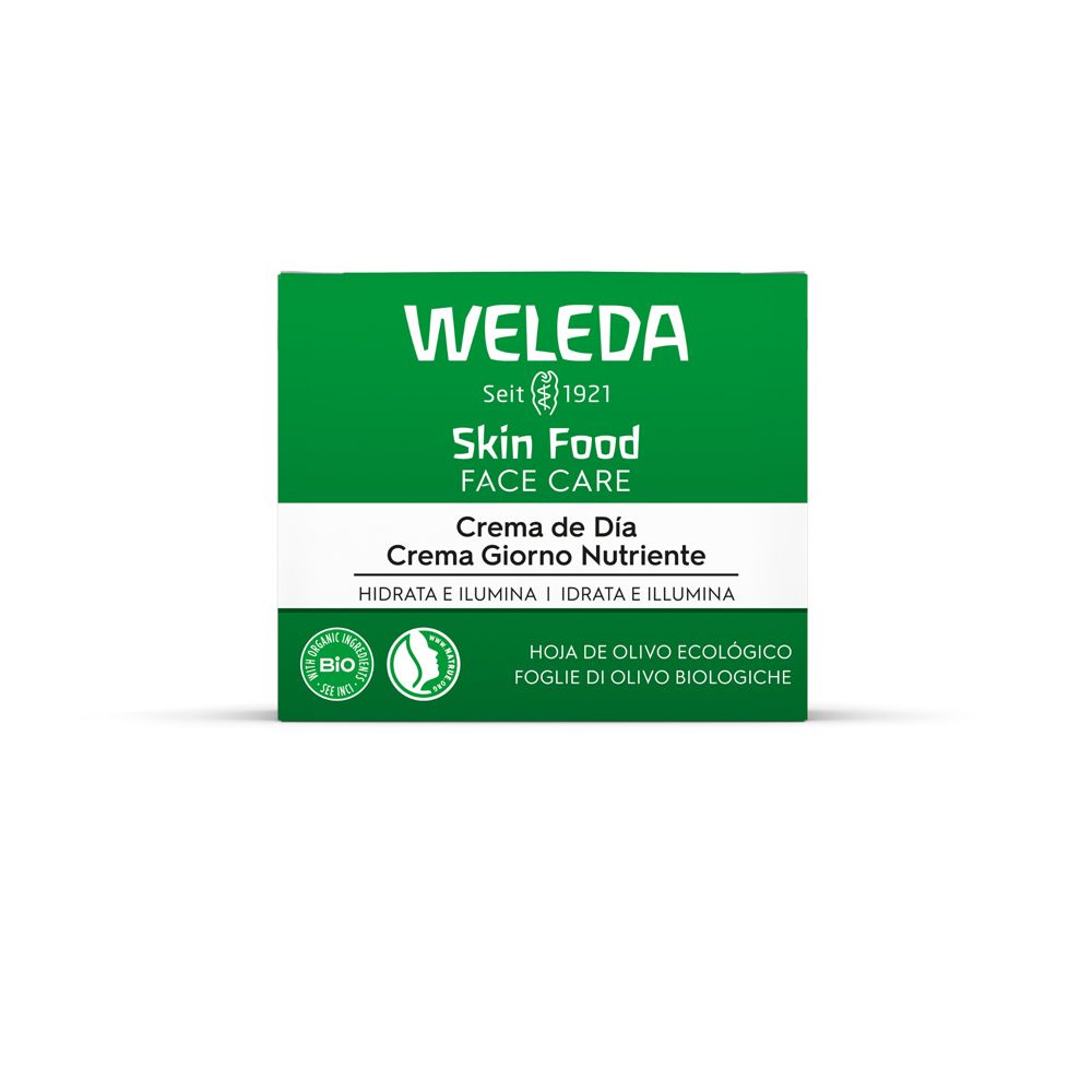 Scatola verde con crema. Scritta: WELEDA, Skin Food, Face Care, Crema de Día, Crema Giorno Nutriente. Sigillo bio.