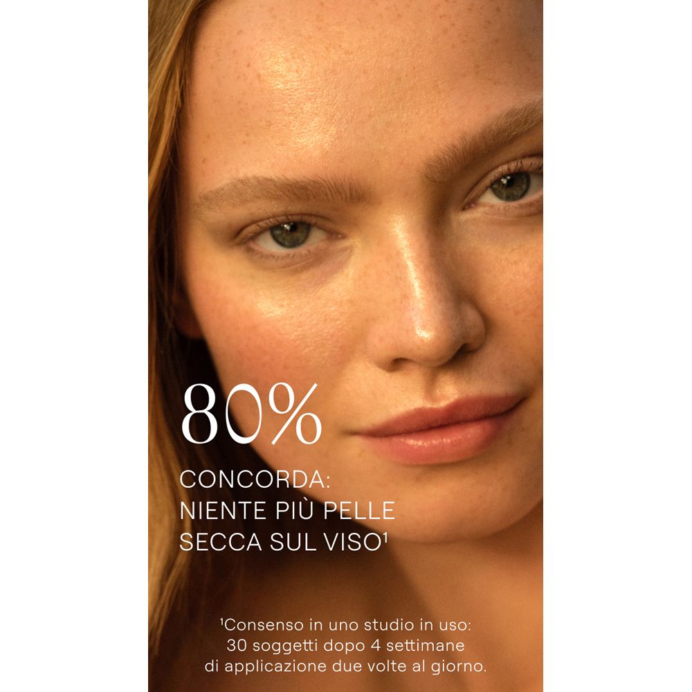 Volto di donna. Scritta: 80% CONCORDA: NIENTE PIÙ PELLE SECCA SUL VISO.