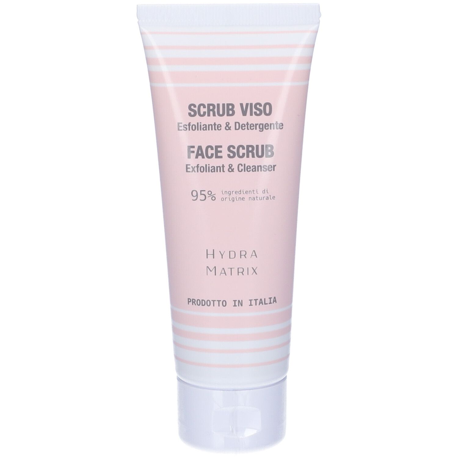 Tubo con scritta "SCRUB VISO" e "FACE SCRUB". Design rosa e bianco. Visibili "HYDRA MATRIX" e "PRODOTTO IN ITALIA".
