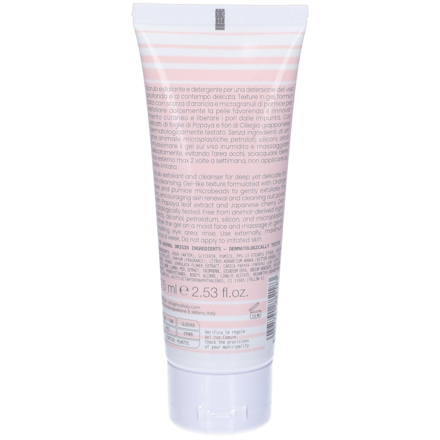 Retro di un tubo. Testo multilingue. Informazioni su ingredienti e utilizzo. Design rosa e bianco.