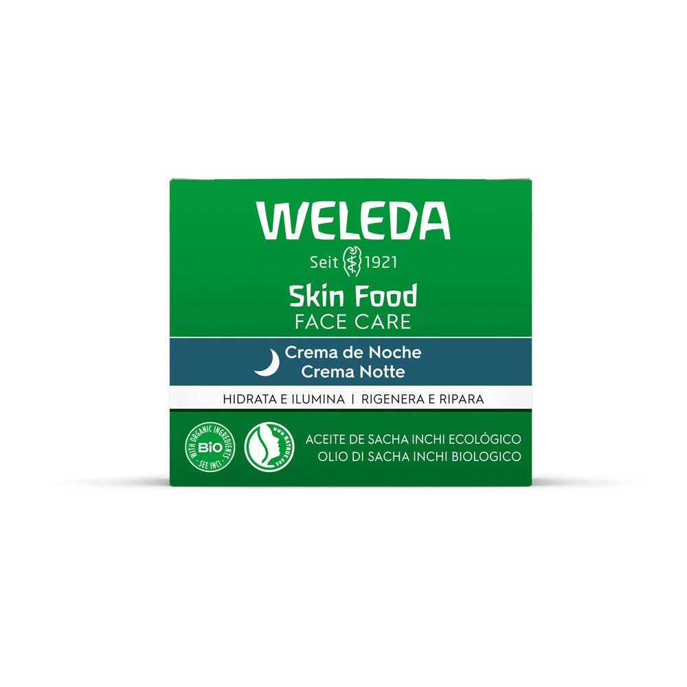 Scatola verde con scritta: WELEDA Skin Food FACE CARE. Crema de Noche, Crema Notte. Sigillo bio.