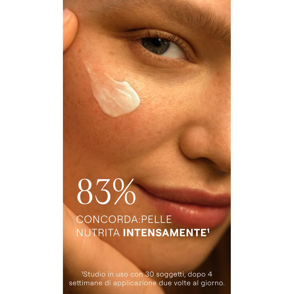 Volto di donna. Testo: 83% concordano: pelle nutrita intensamente.