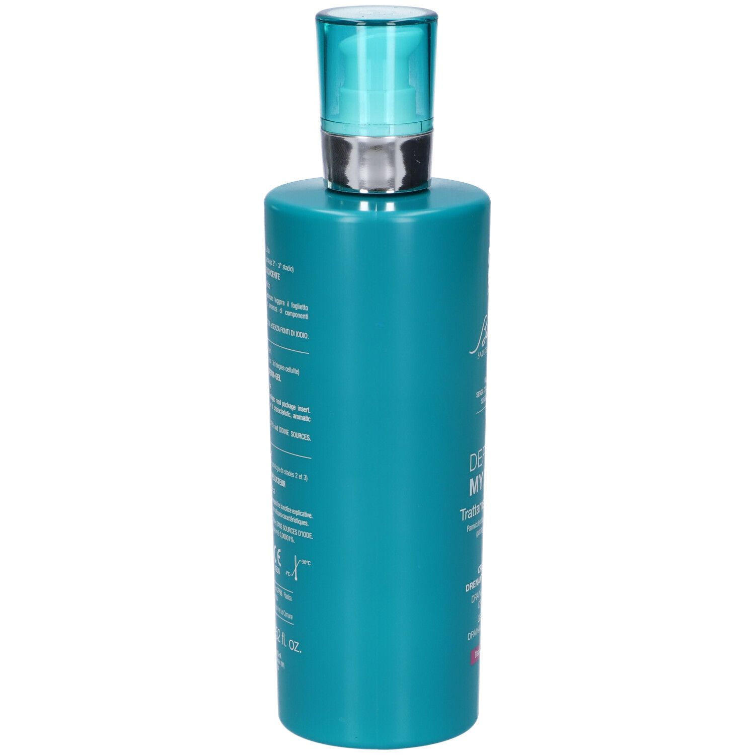 Flacone turchese, vista laterale. Testo: BioNike, Defence My Body, Trattamento cellulite, Crema-Gel Drenante Riducente. Informazioni prodotto.