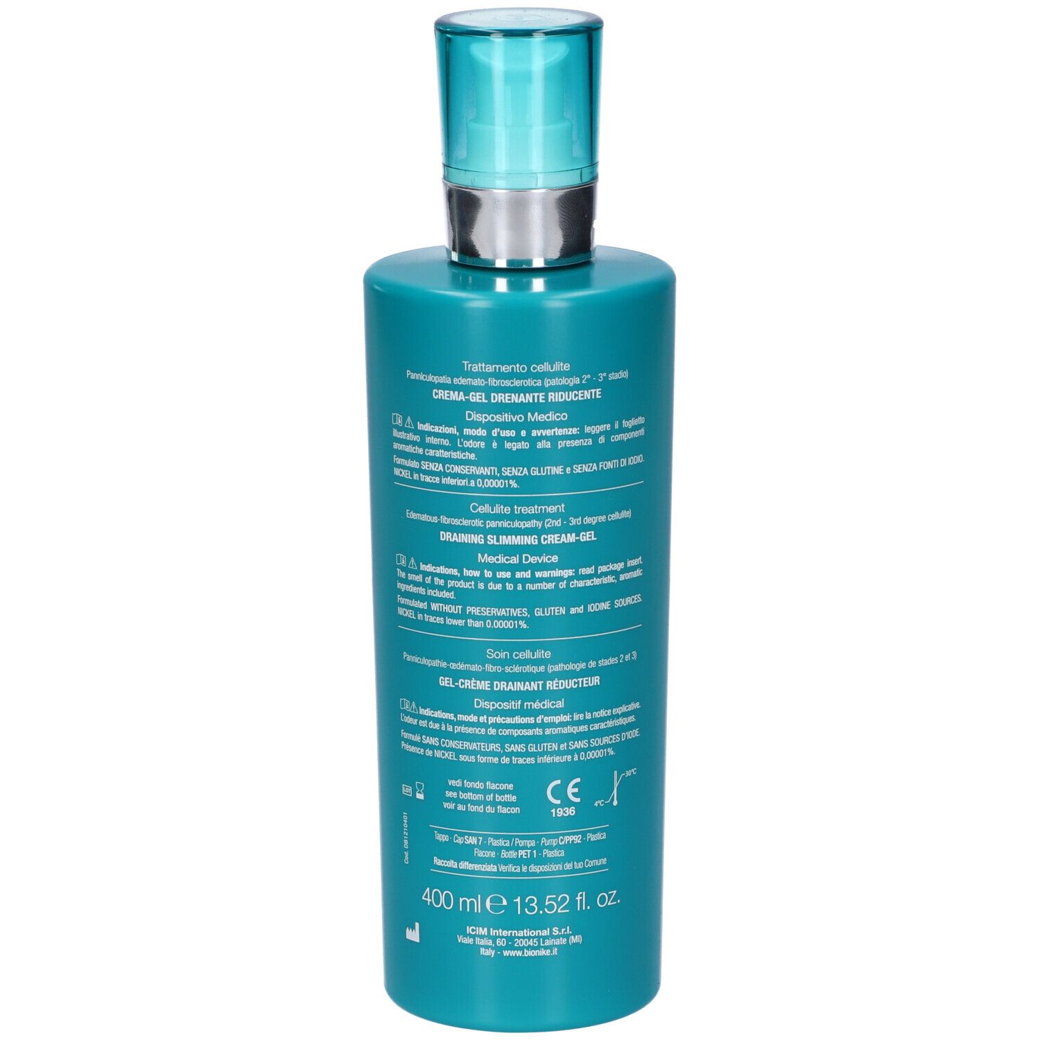 Retro del flacone turchese. Testo: BioNike, Defence My Body, Trattamento cellulite, Crema-Gel Drenante Riducente. Informazioni prodotto.