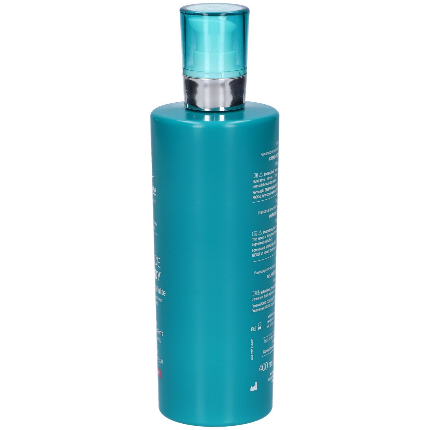 Flacone turchese, vista laterale. Testo: BioNike, Defence My Body, Trattamento cellulite, Crema-Gel Drenante Riducente. Informazioni prodotto.
