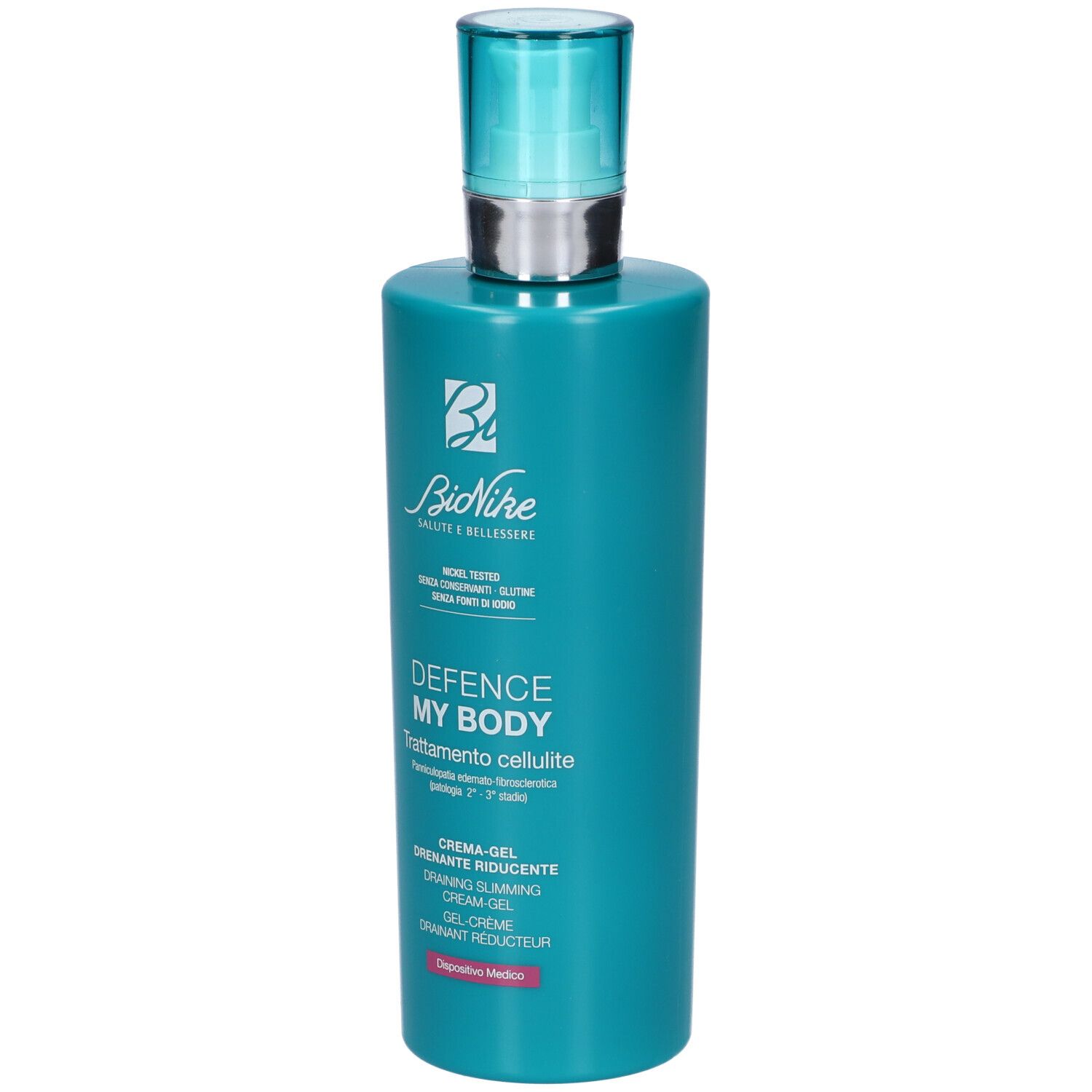 Flacone turchese con erogatore. Testo: BioNike, Defence My Body, Trattamento cellulite, Crema-Gel Drenante Riducente.