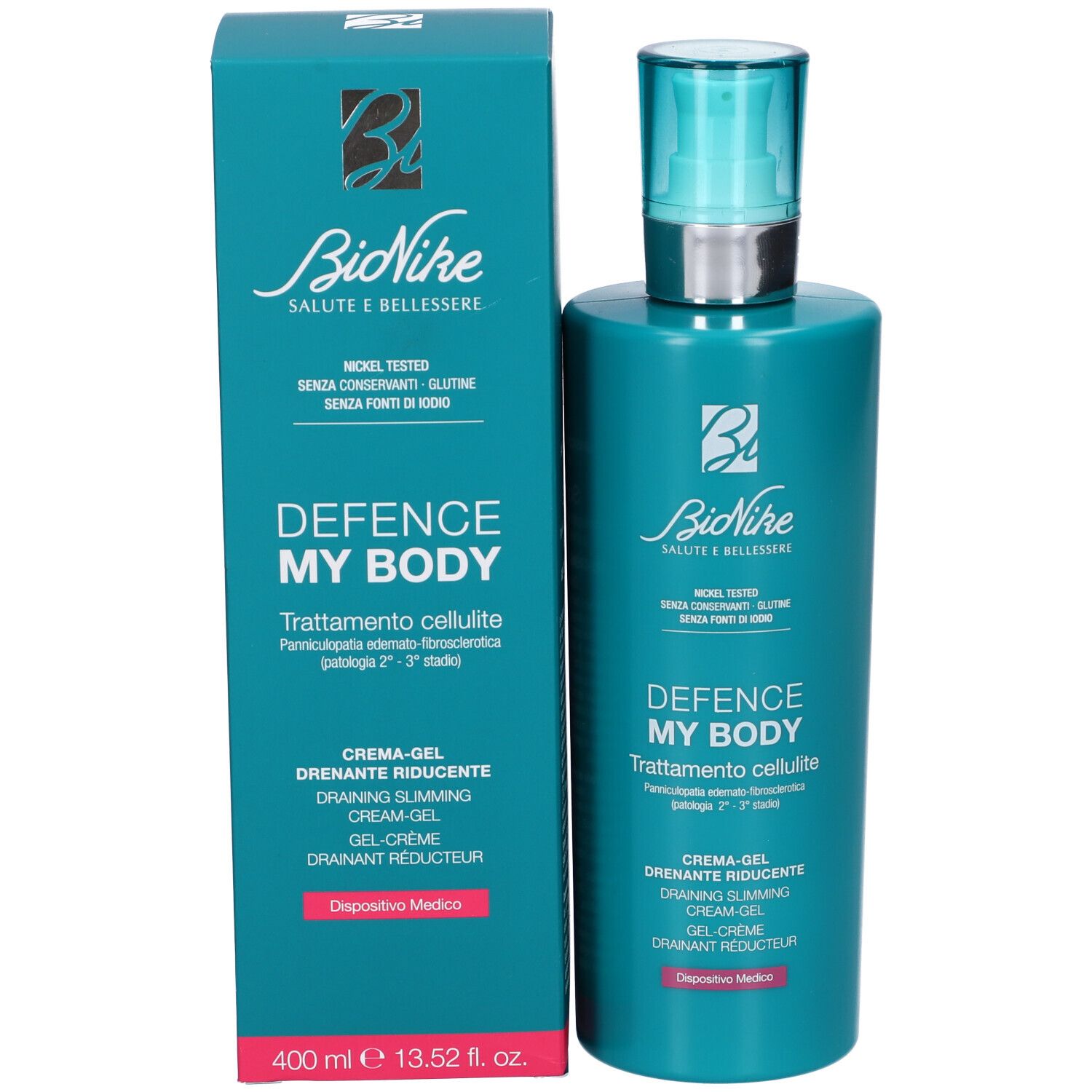Prodotto con confezione. Flacone e scatola turchese. Testo: BioNike, Defence My Body, Trattamento cellulite, Crema-Gel Drenante Riducente.