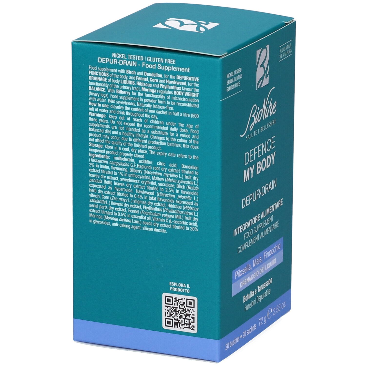 Scatola turchese. Bionike Defence My Body Depur-Drain. Retro con ingredienti e istruzioni. Testo in italiano.
