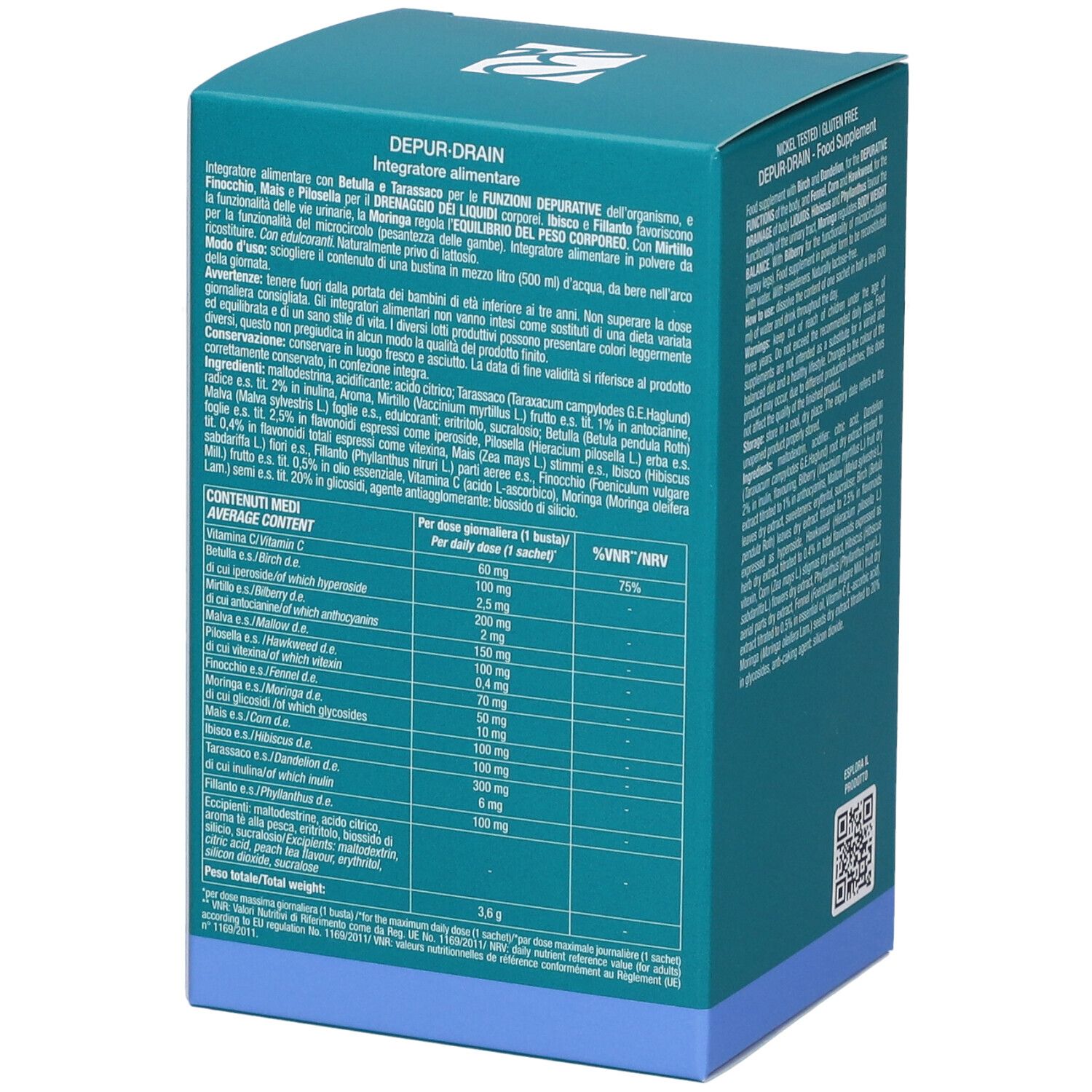 Scatola turchese. Bionike Defence My Body Depur-Drain. Retro con informazioni nutrizionali. Testo in italiano.