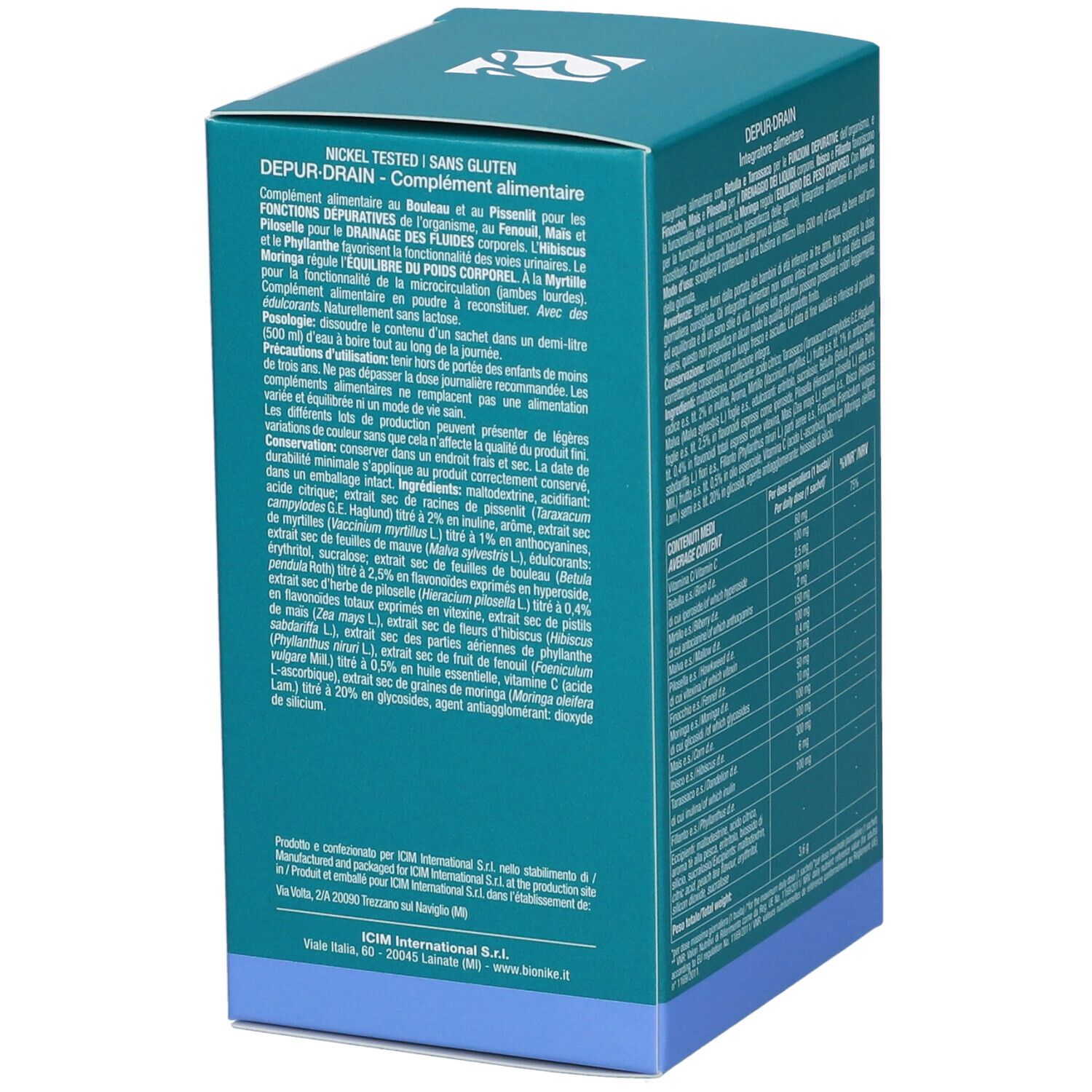 Scatola turchese. Bionike Defence My Body Depur-Drain. Retro con ingredienti e istruzioni. Testo in francese.