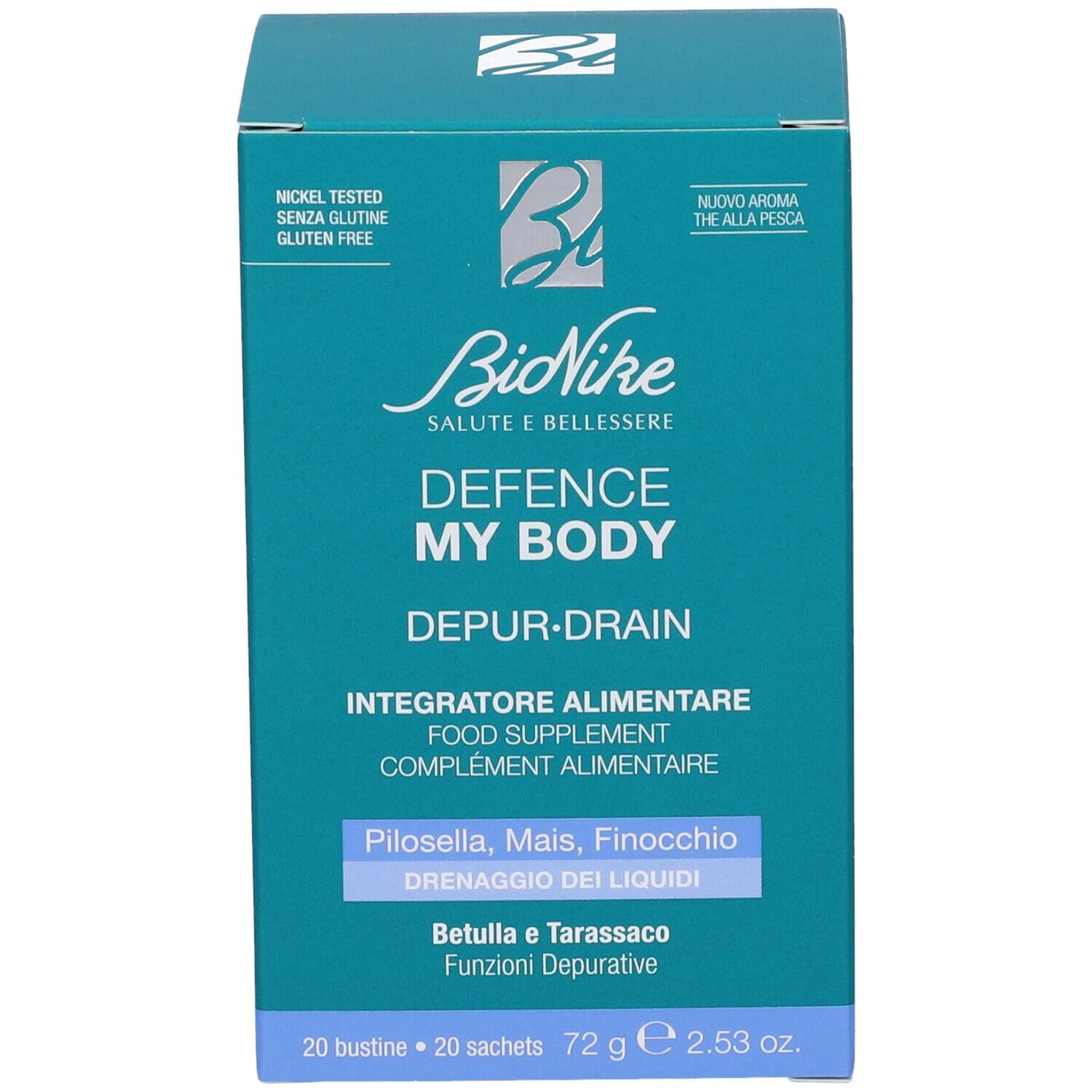 Scatola turchese. Bionike Defence My Body Depur-Drain. 20 bustine. Senza glutine, testato al nichel. Testo in italiano e francese.